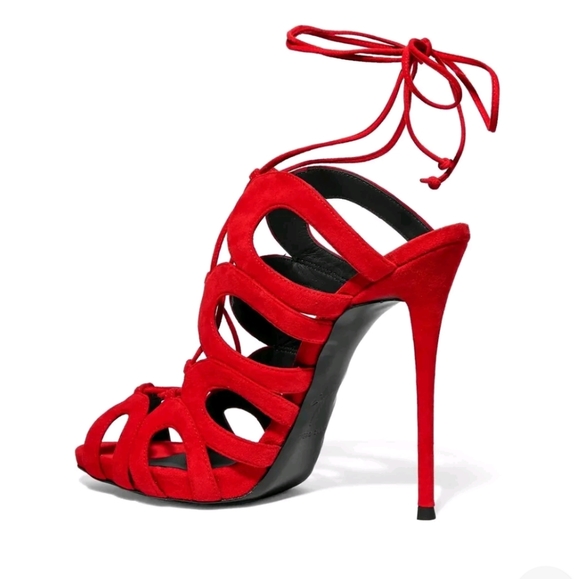 NEW Giuseppe Zanotti Caged Lace Up Red Suede Heels Size 38 - Picture 2 of 8